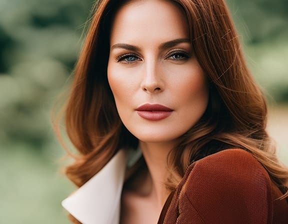 An attractive redhead wearing a jacket which complements her hair colour