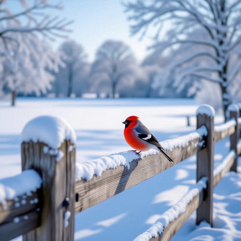 Red Bullfinch on Snowy Fence in Winter Sunlight