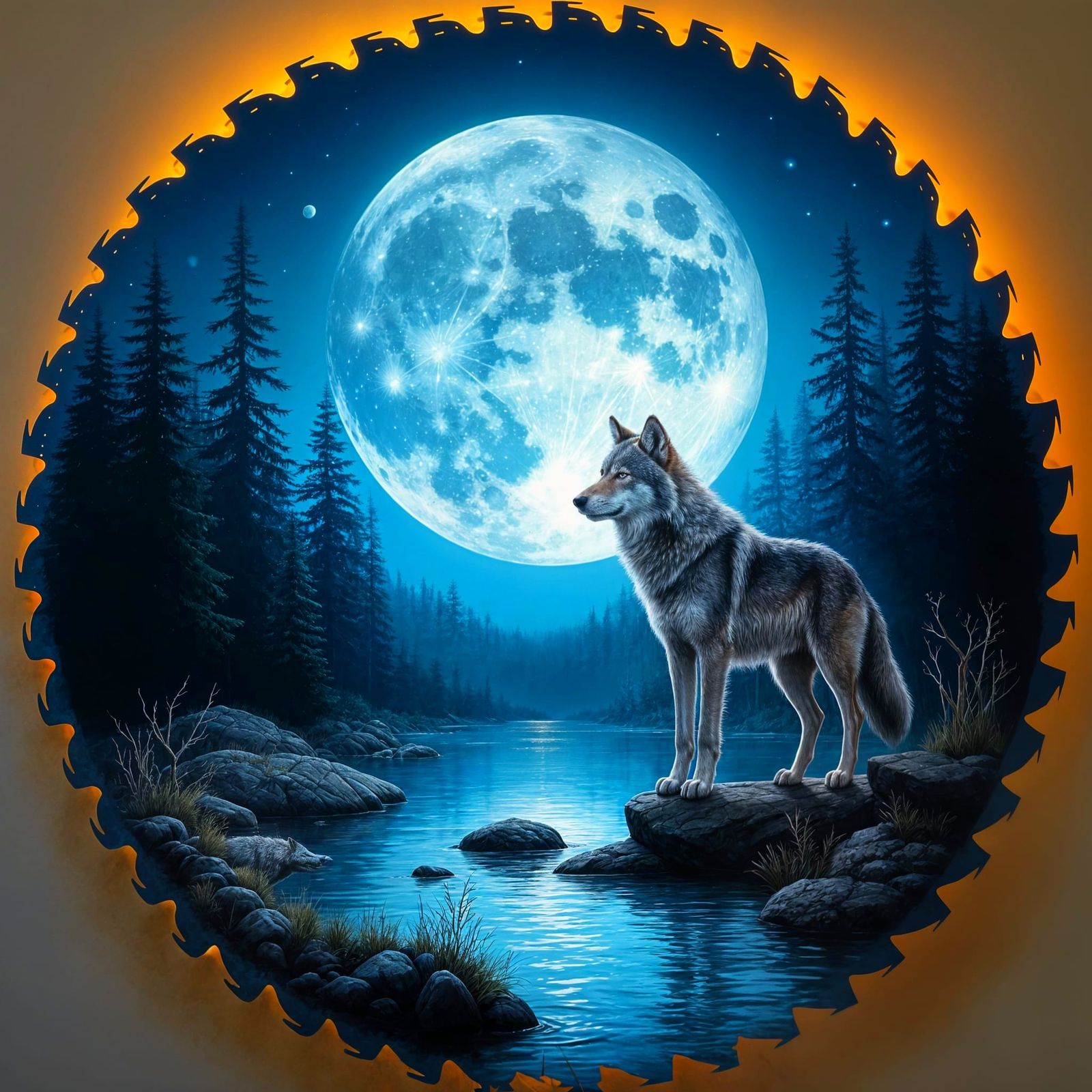 Realistic Gray Wolf in Hyperrealistic Forest Scene under Ful...