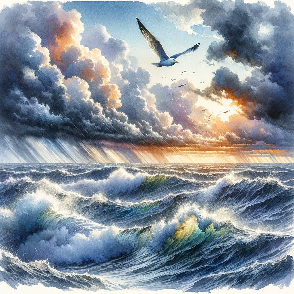 Seagull Soaring Over Stormy Sea, Watercolor Painting