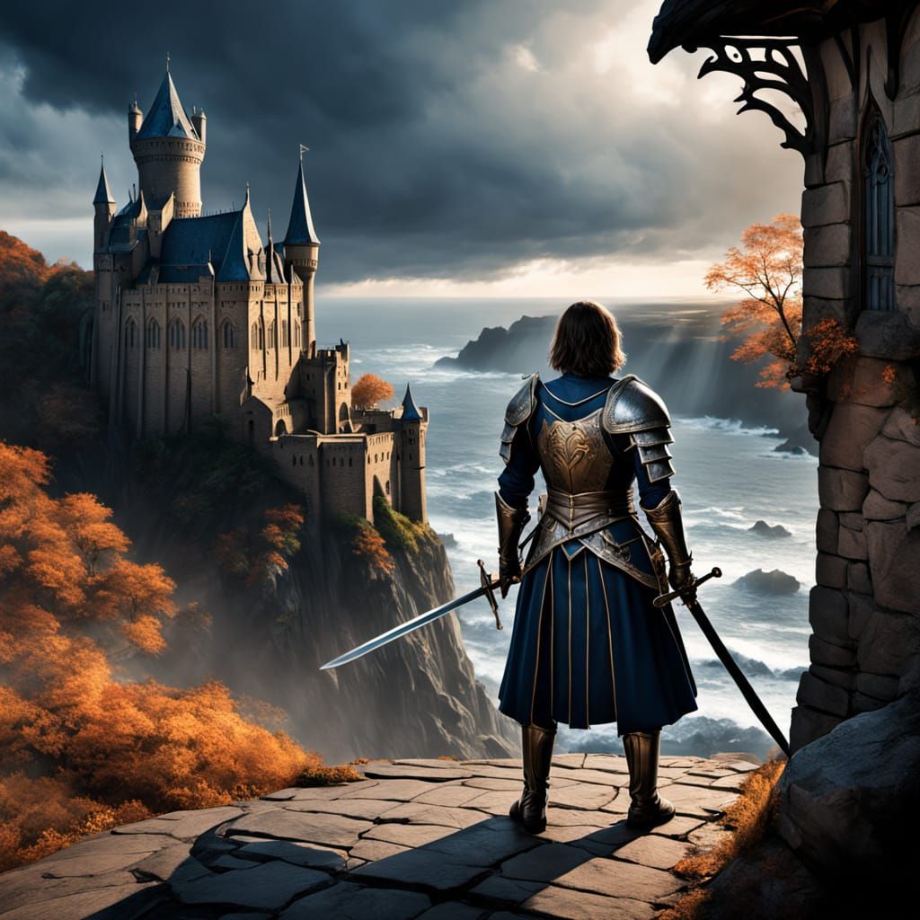 Knight Defends Village from Shadow Beast in Fantasy Realism