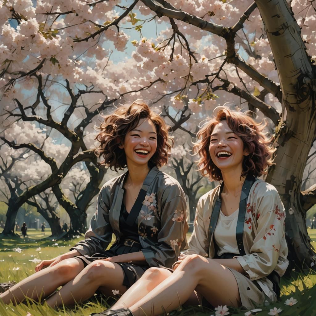 Girls Laughing Under Cherry Tree: Fantasy Illustration