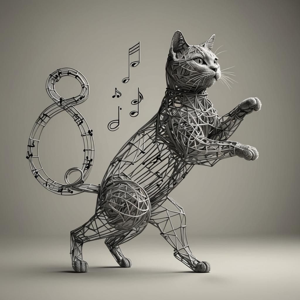 Wireframe Cat Dancing Made of Musical Notes