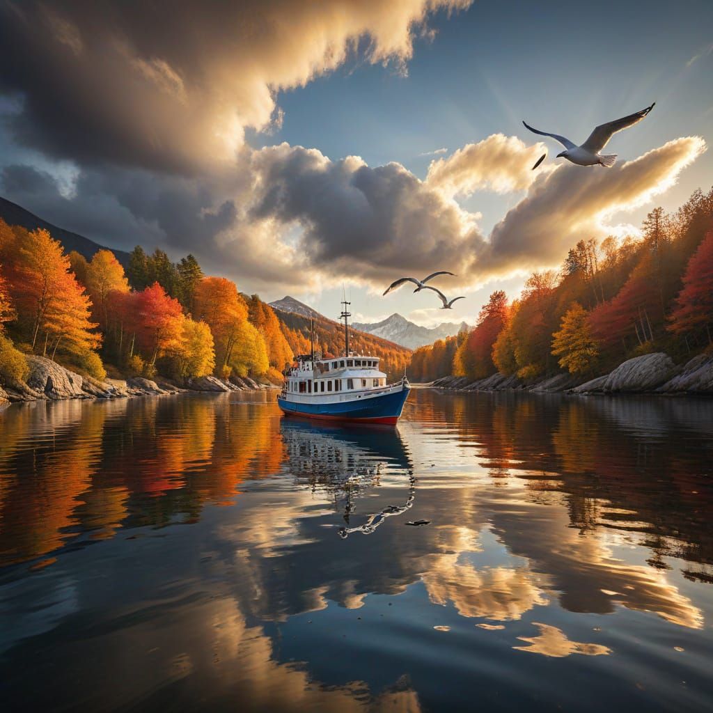 Picturesque Sunset Fishing Boat Scene in Autumn