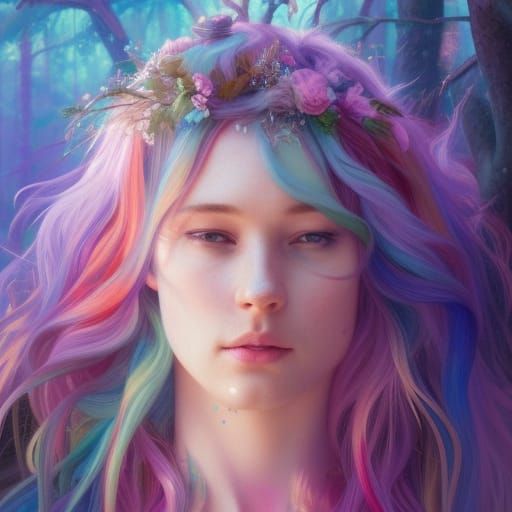 Rainbow Unicorn Portrait in Fairy Woodland