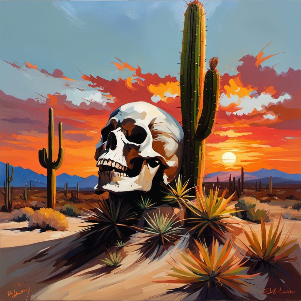 Wolf Skull in Desert Sunset, Oil Painting