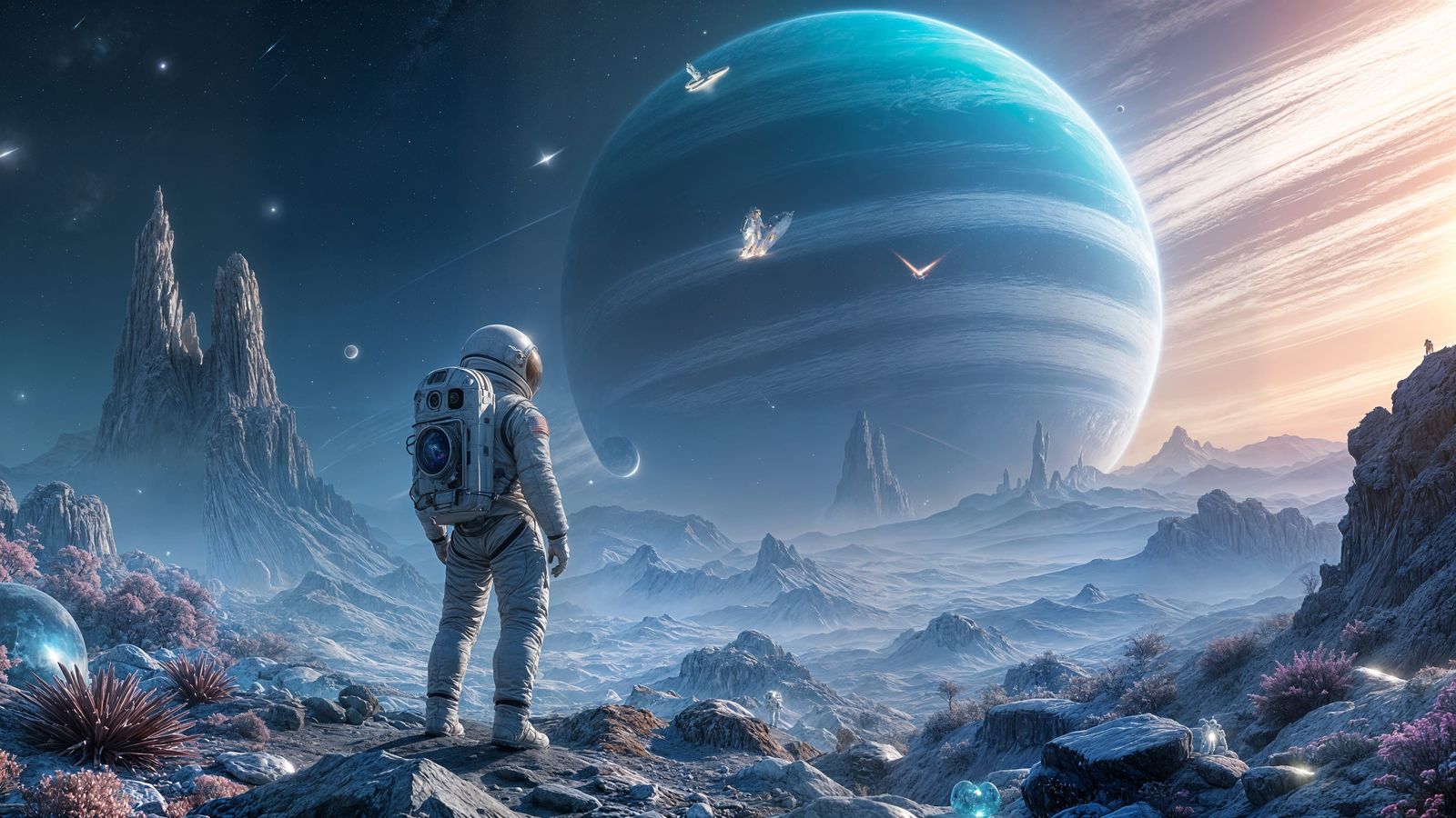 Surreal Space Odyssey in a Vibrant Alien Landscape