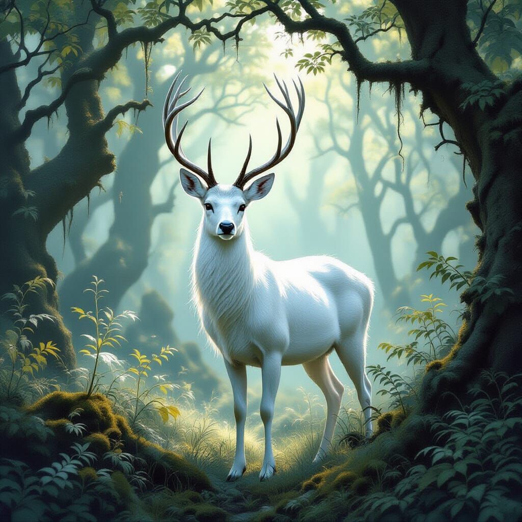White Deer in Mystical Forest, Painterly Style