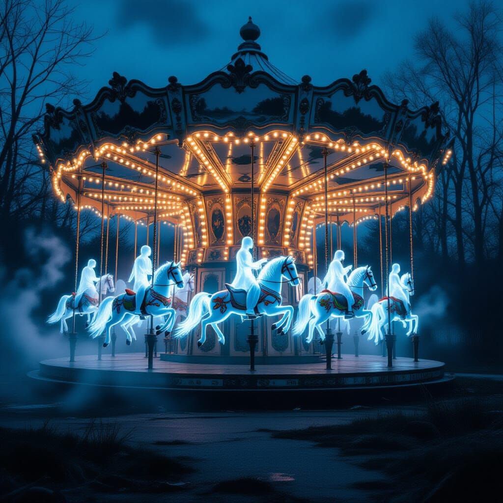 Ghostly Carousel in Abandoned Park at Night