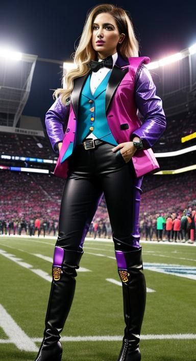 Sideline Reporter in Rainbow Suit at Football Game