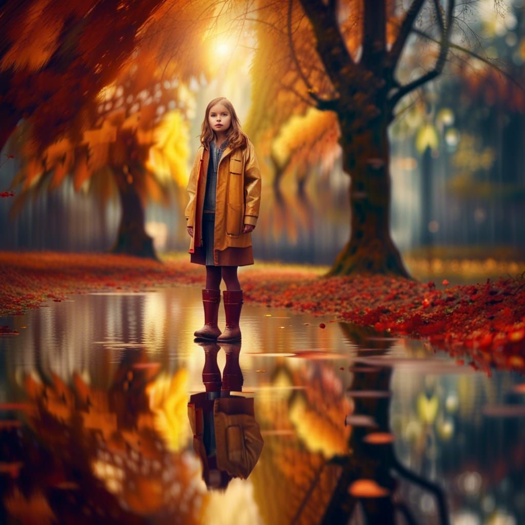 Autumn Reflections: Girl and Trees in Puddle