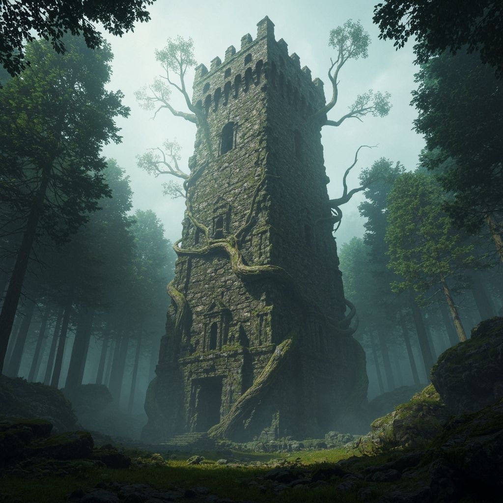 Mystical Tower in Misty Forest, Digital Art