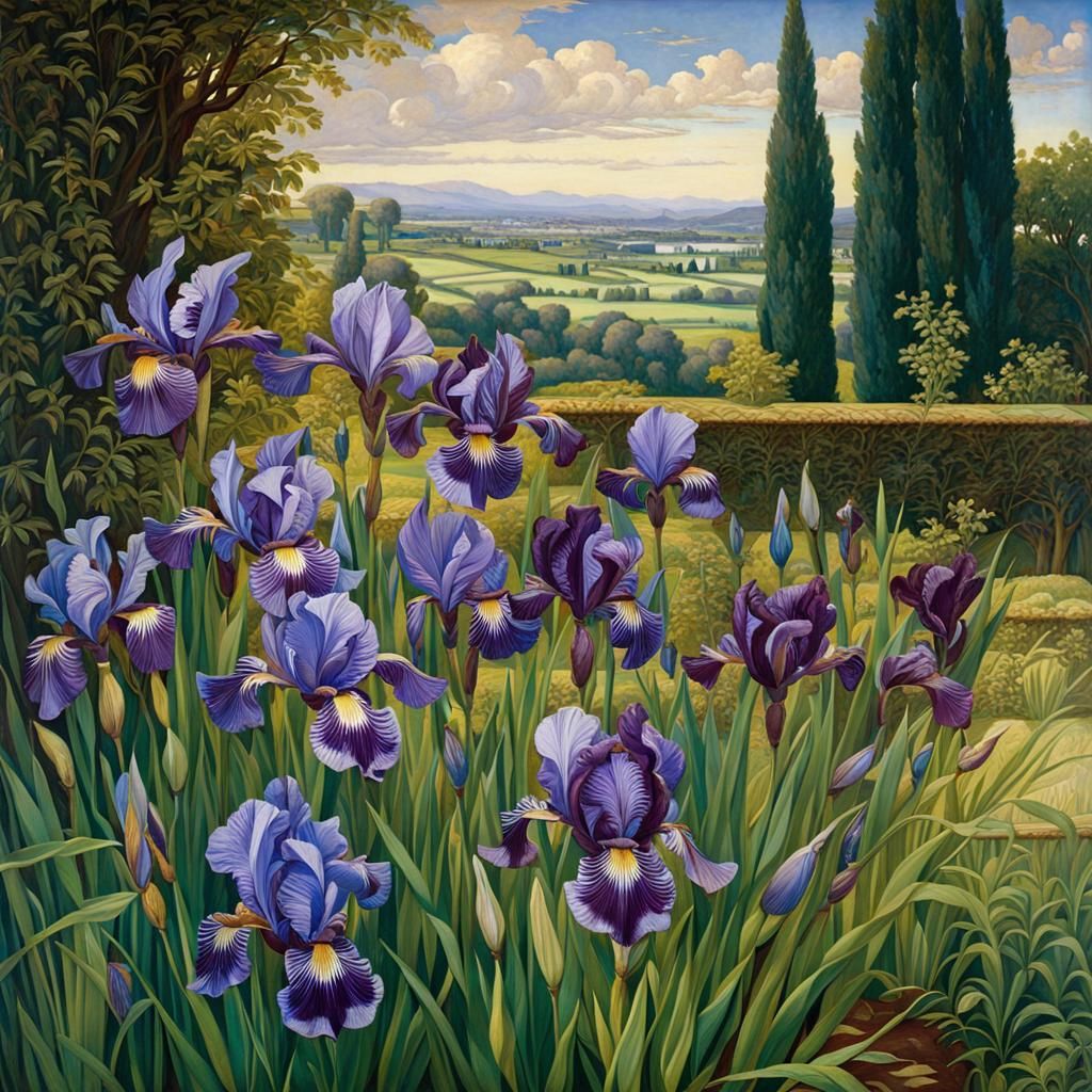 Vibrant Purple Irises Against Azure Blue Sky in a Serene Gar...