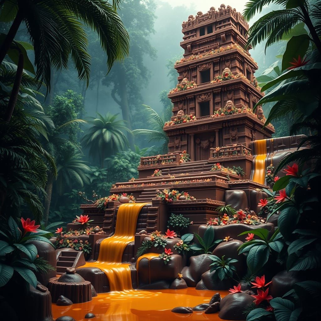 Chocolate Mayan Temple Sculpture in Lush Rainforest