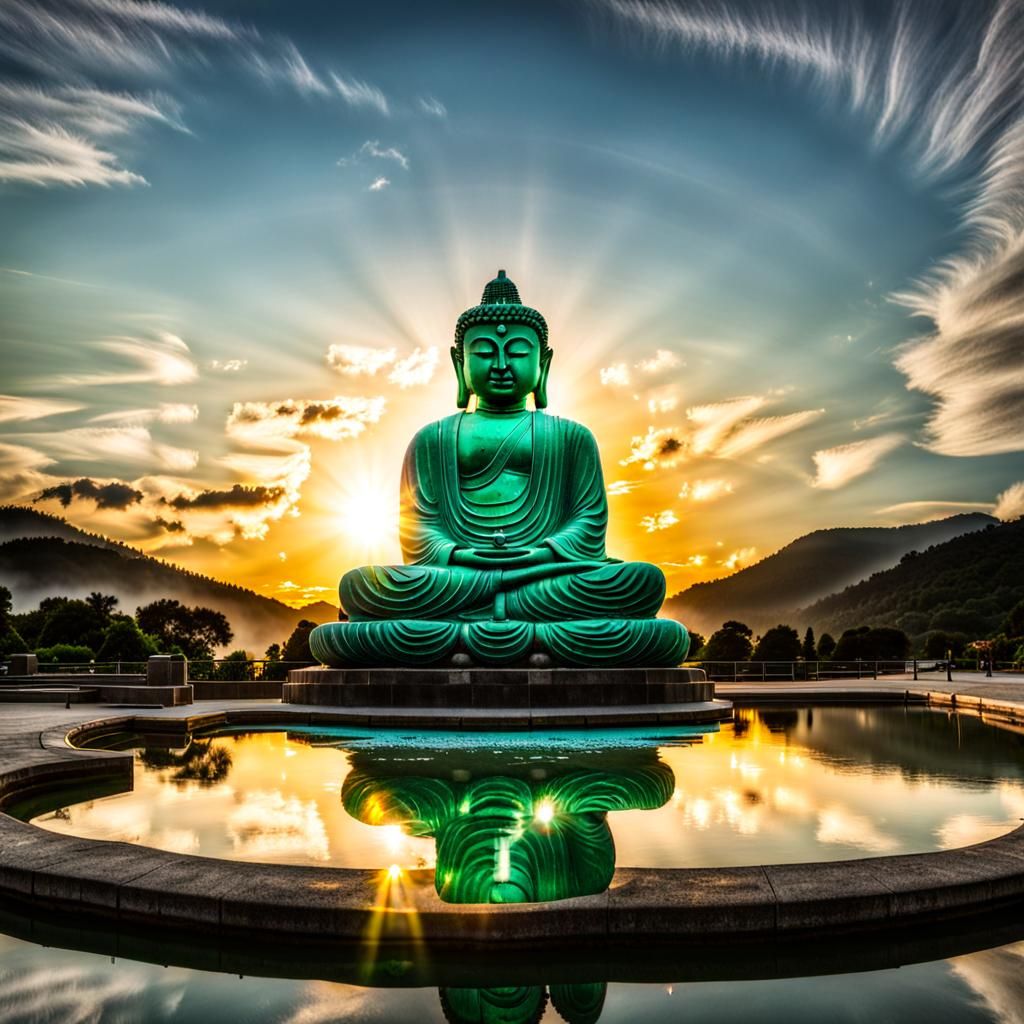 Buddha statue built with transparent emerald stone with sunr...