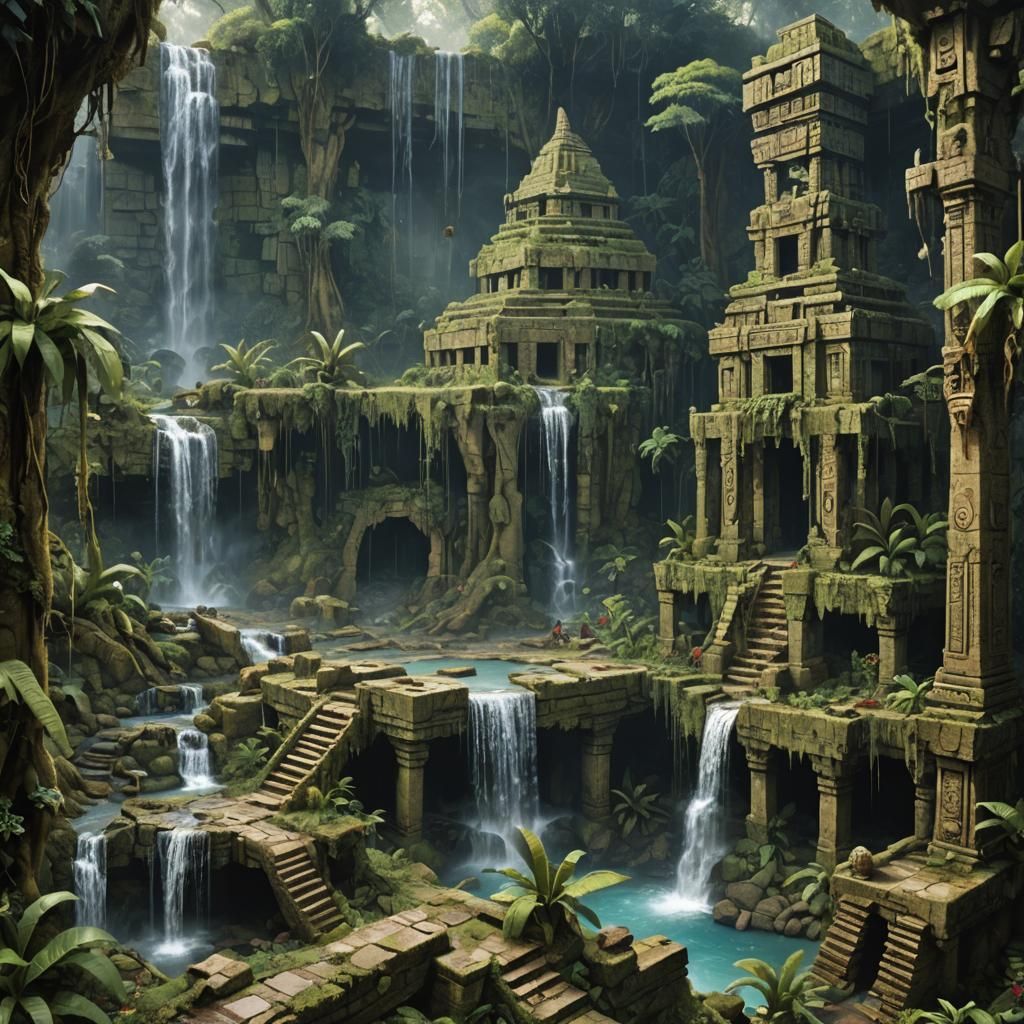 Lost Aztec Temple in Jungle Waterfall