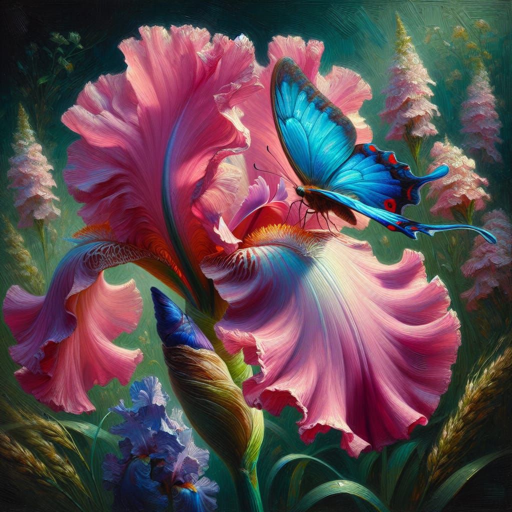 Vibrant Pink Iris in Splendid Impasto Oil Painting