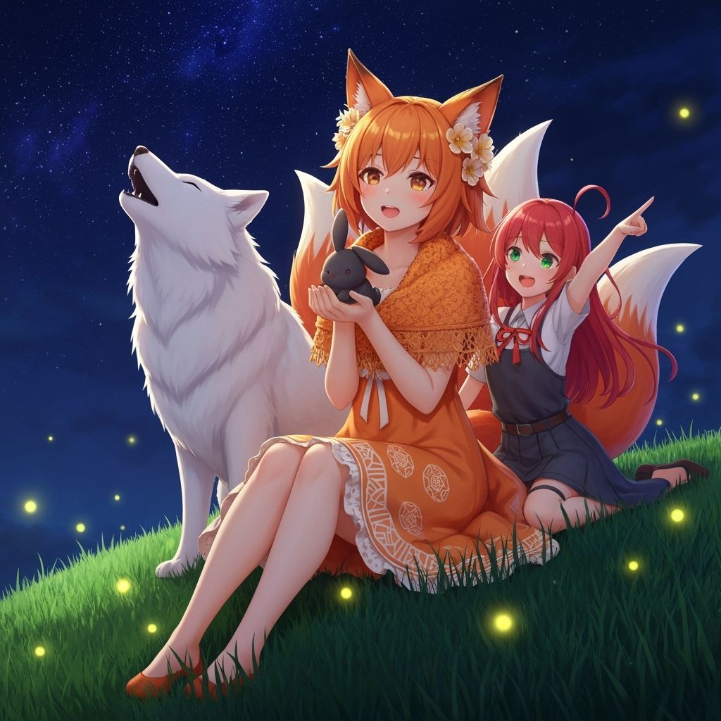 Anime Fox Girl and Wolf Gazing at Stars