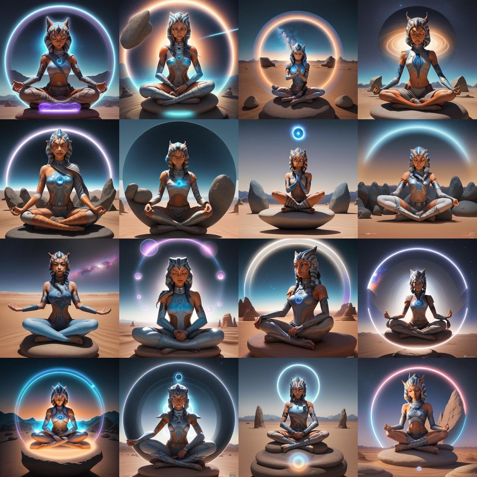 Ahsoka Tano Meditating in Desert Landscape, Holographic Illu...