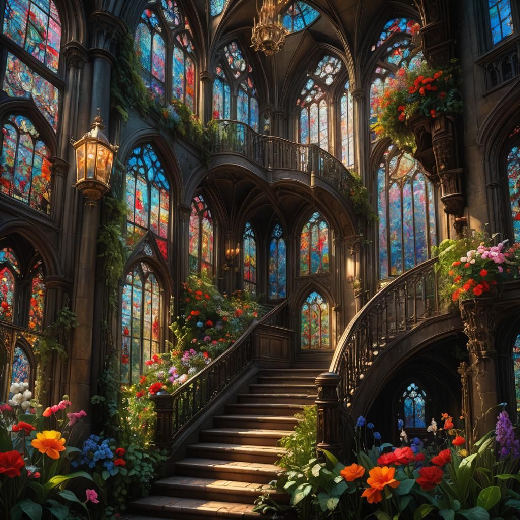 Elaborate Gothic Staircase with Stained Glass Windows