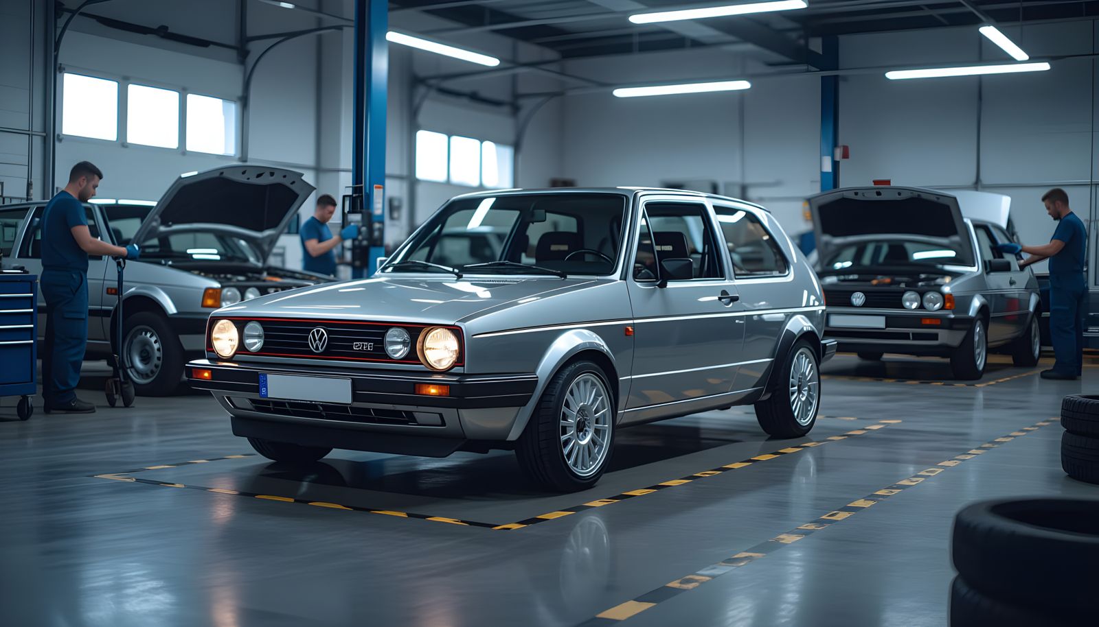 Silver VW Golf GTI Mk1 in Busy Service Garage