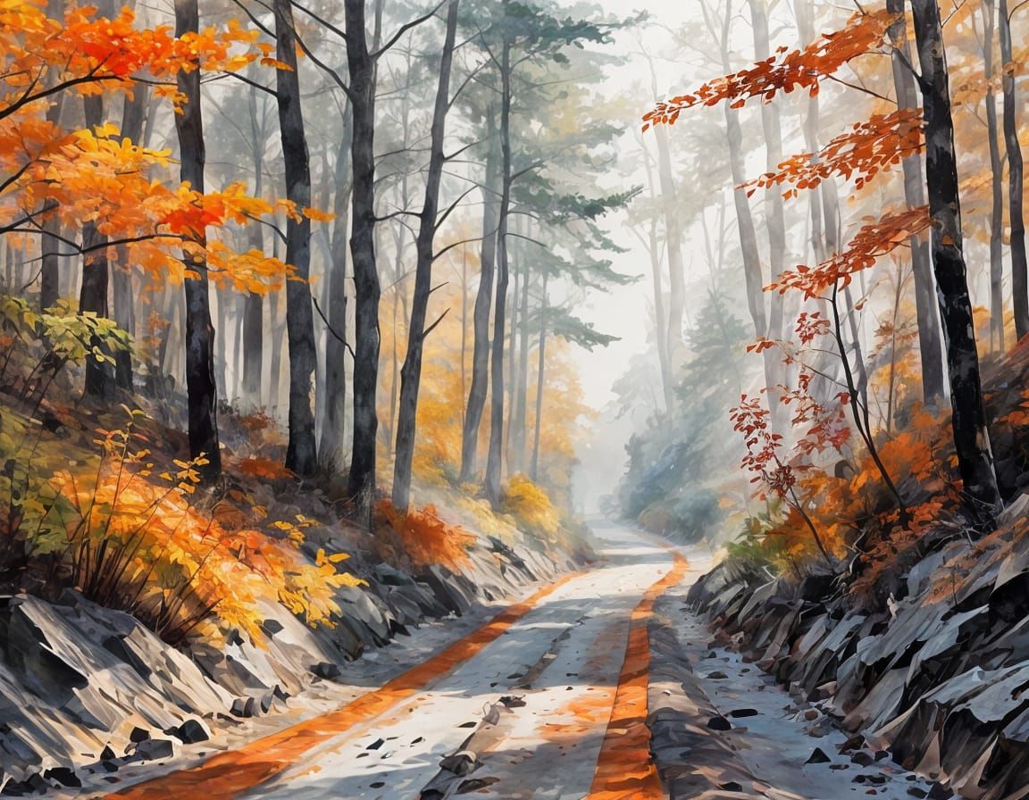 Sunlit Road Through Misty Autumn Forest