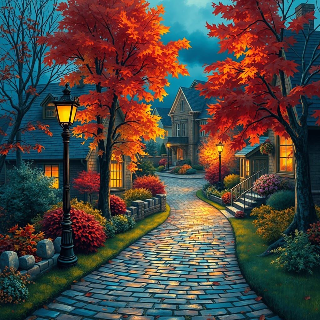 Autumn Village Scene in Whimsical Lighting