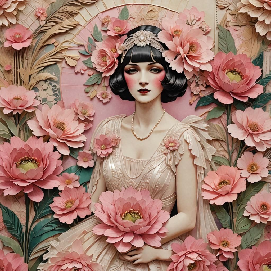 Art Deco Flapper Bride with Pink Flowers