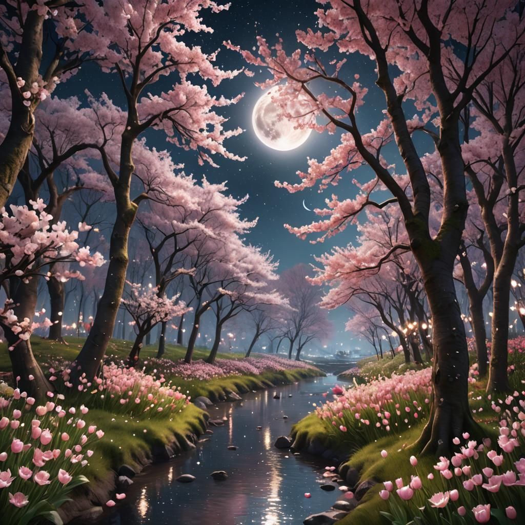 Pink Moon Over Cherry Blossom Forest