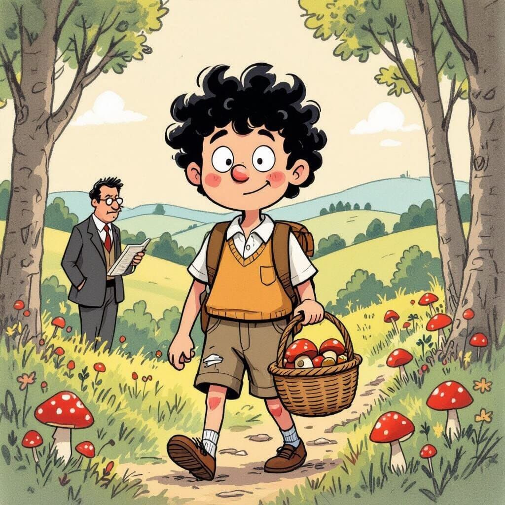Mischievous Schoolboy's Forest Adventure: Comic Style Illust...