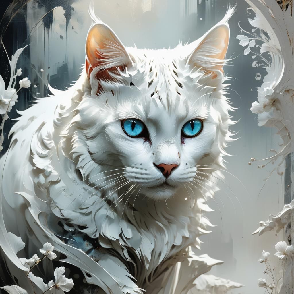 Majestic White Cat in Enchanted Baroque Landscape