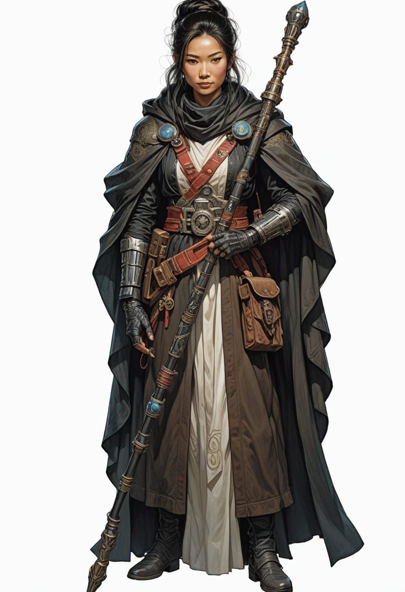 Asian Sci-Fi Warrior in Black Cloak and Staff