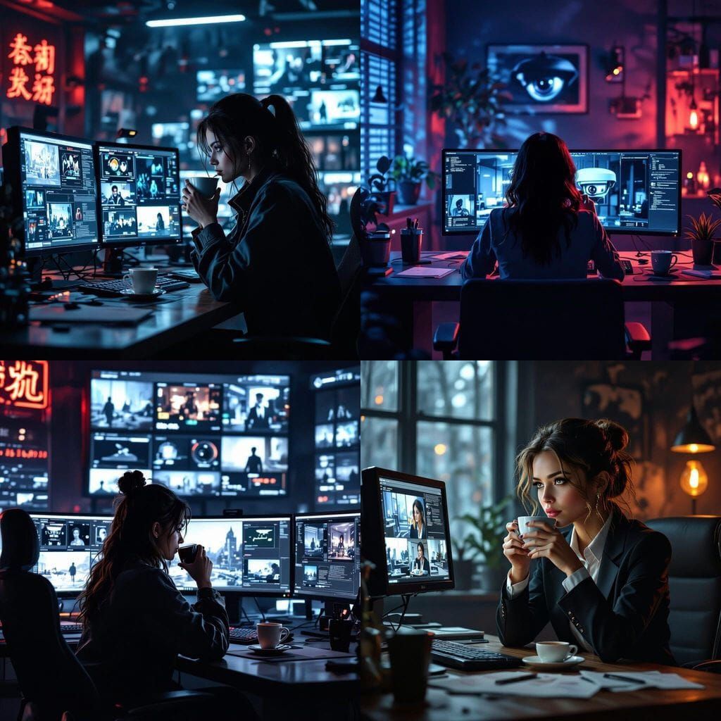 Woman Sips Coffee in Dark Office with Surveillance System