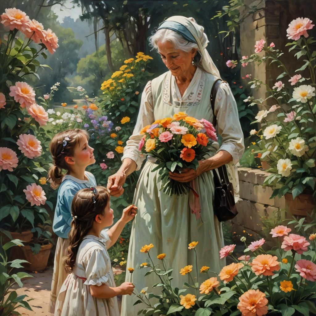 Touching Mother-Daughter Moment in Oil Painting