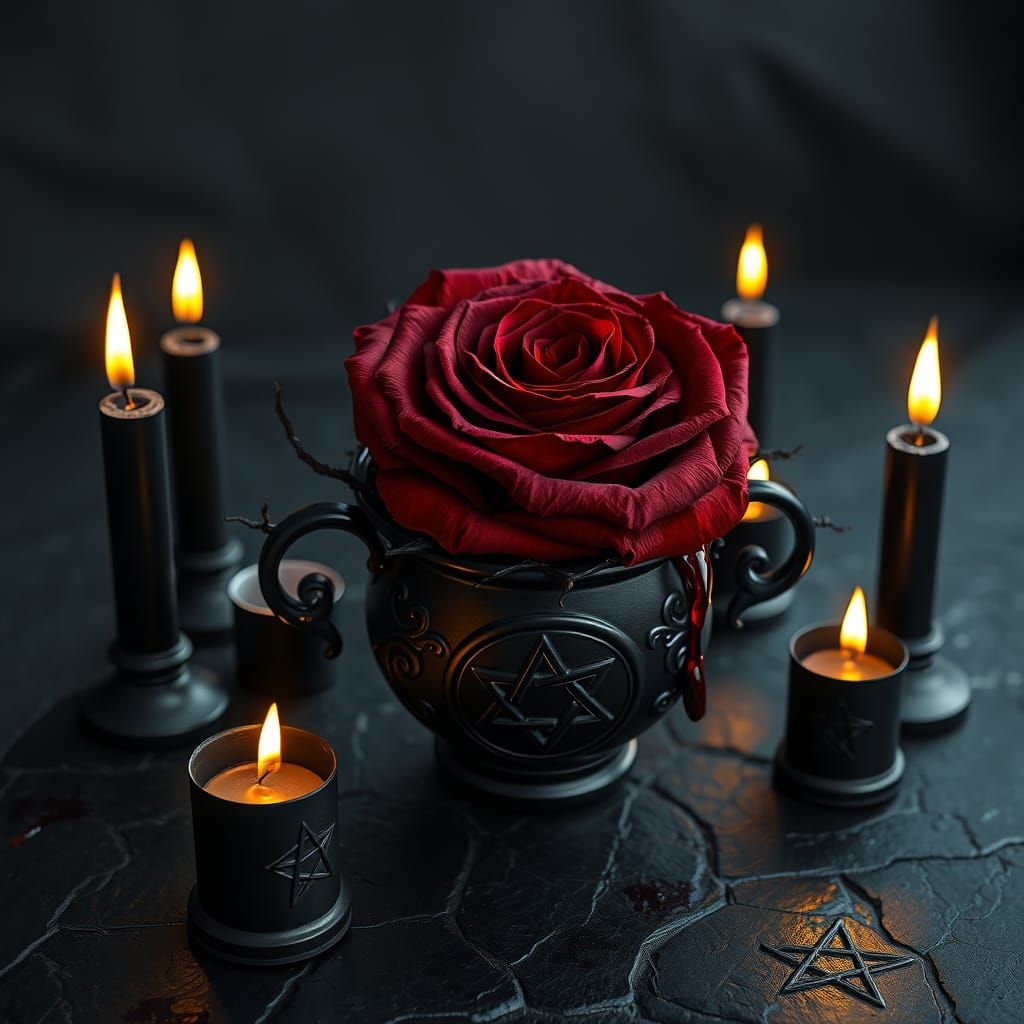 Dark Rose in Black Vase with Pentagram and Candles