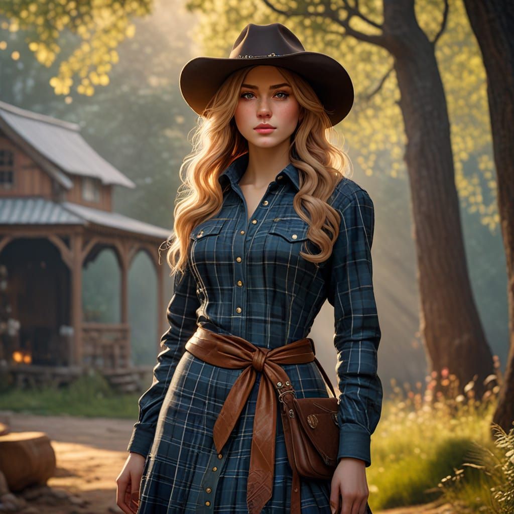 Cowgirl Portrait in Pre-Raphaelite Style with Golden Hour Li...