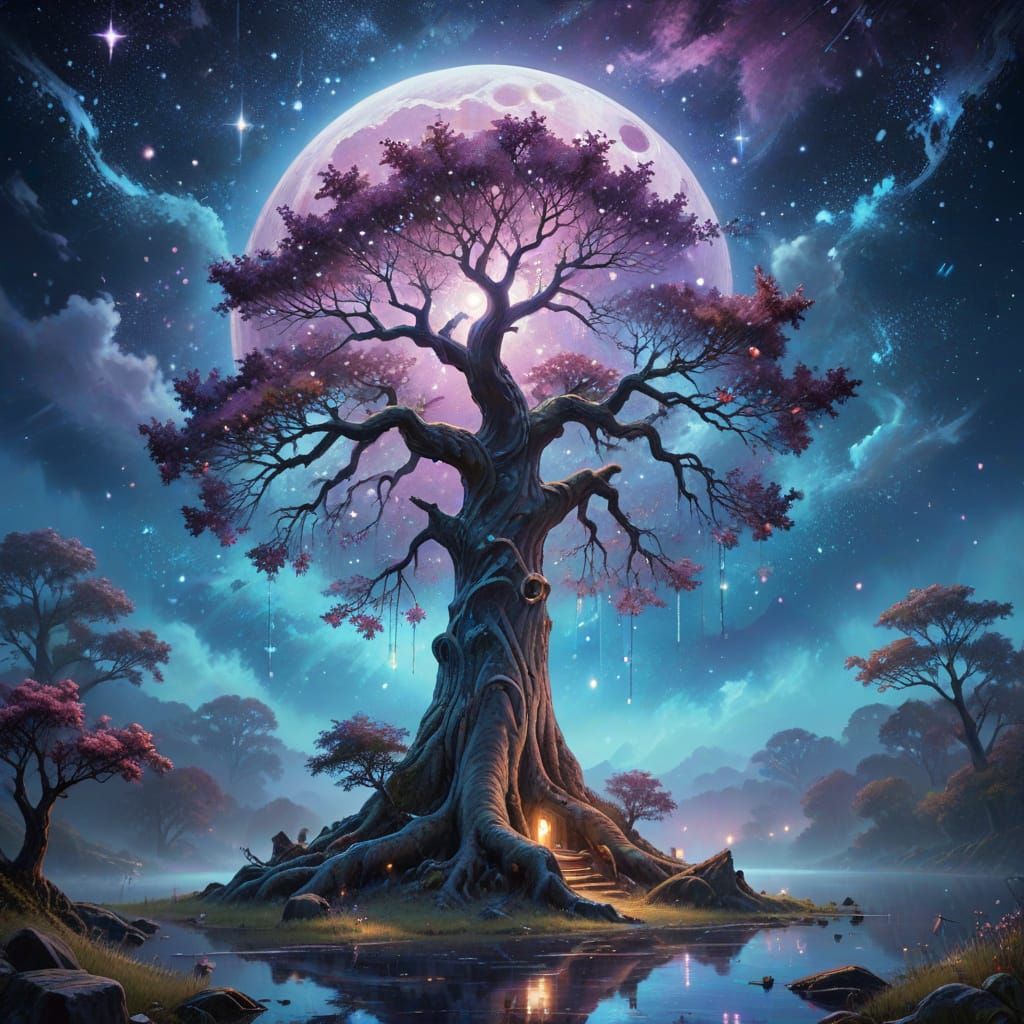 Ethereal Moonlit Magic Tree in Vibrant Oil Painting