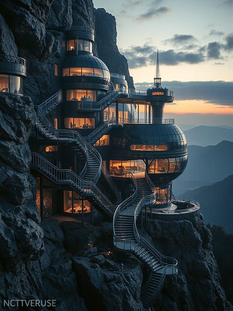 Utopian City of Steel and Glass on Cliffside