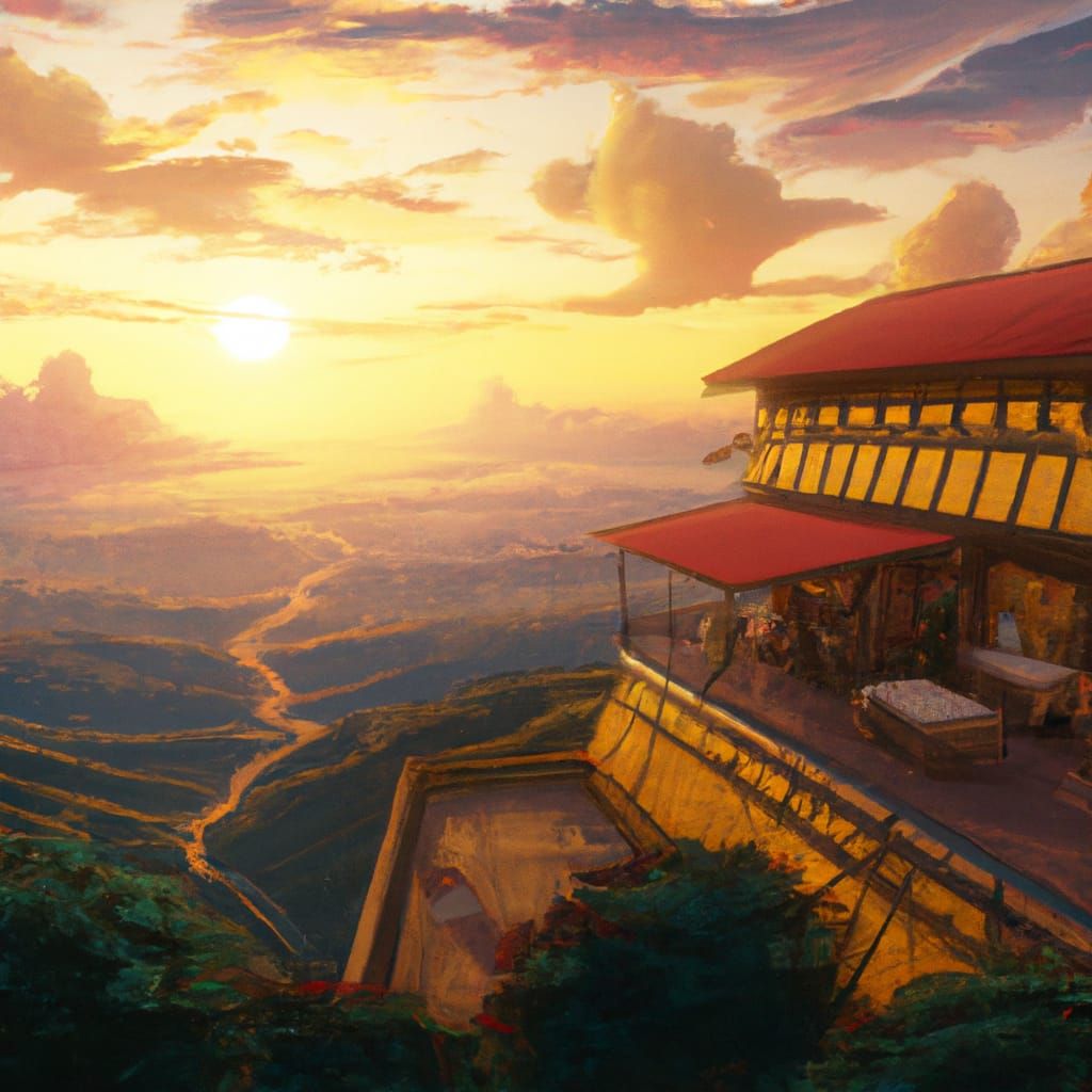 Mountain Restaurant Sunset in Studio Ghibli Style