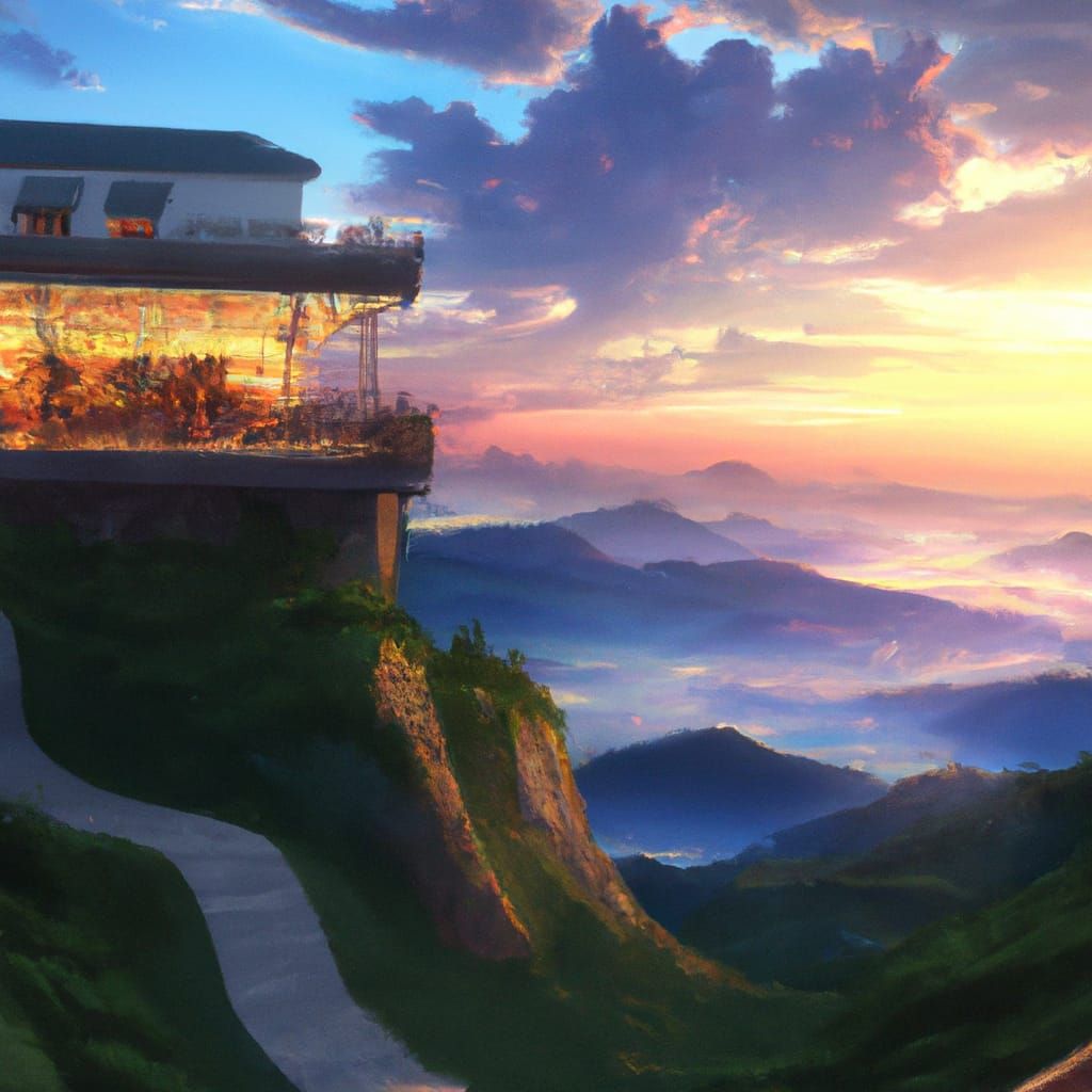 Mountain Restaurant at Sunset: Studio Ghibli Anime