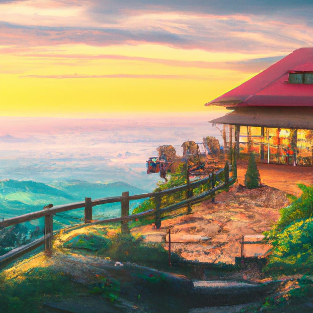 Mountaintop Restaurant at Sunset: Studio Ghibli Style