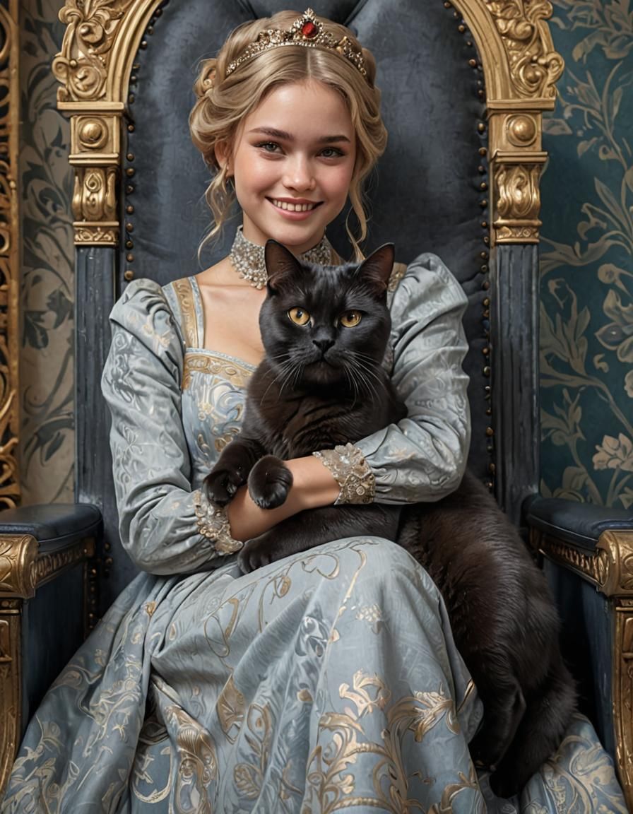Happy Princess with Majestic Cat Portrait