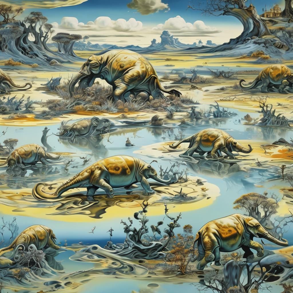 Surreal Landscape with Floating Elephants, Salvador Dali Sty...