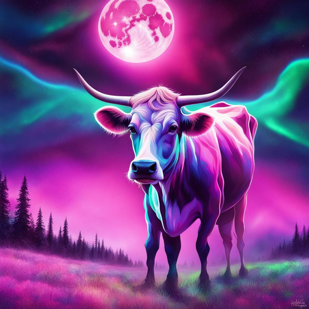 Cow Walks on Northern Lights: Cosmic Illustration