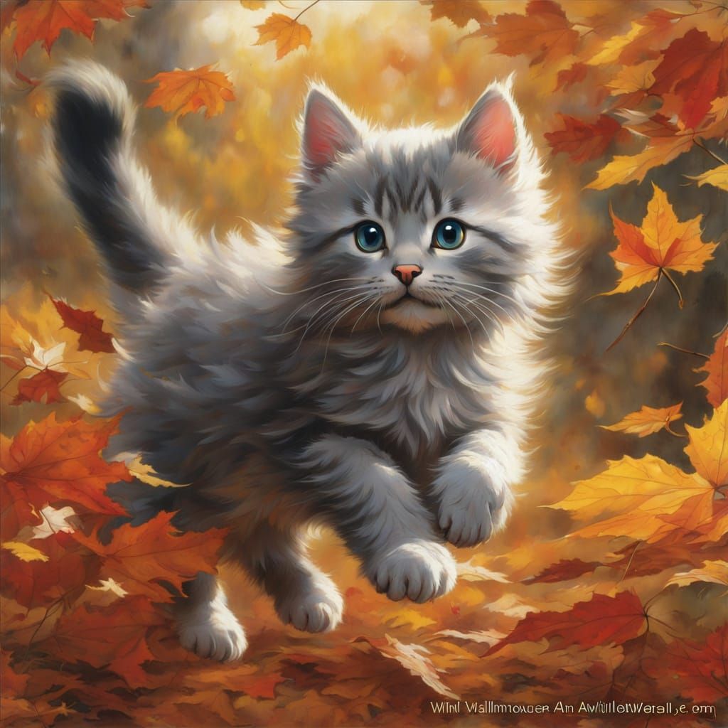 Fluffy Kitten Leaping Among Autumn Leaves