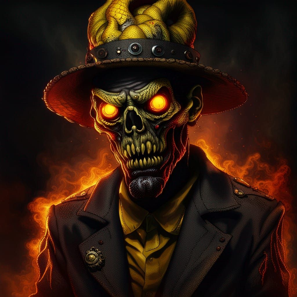 Horrifying Zombie Demon in Hat with Snake Eyes