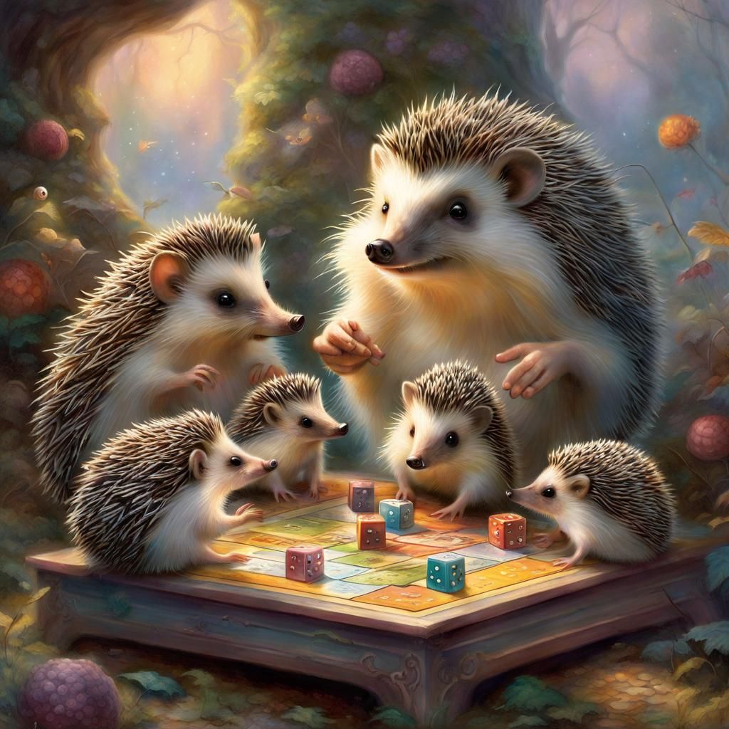 Hedgehog Family Game Night in Ethereal Style