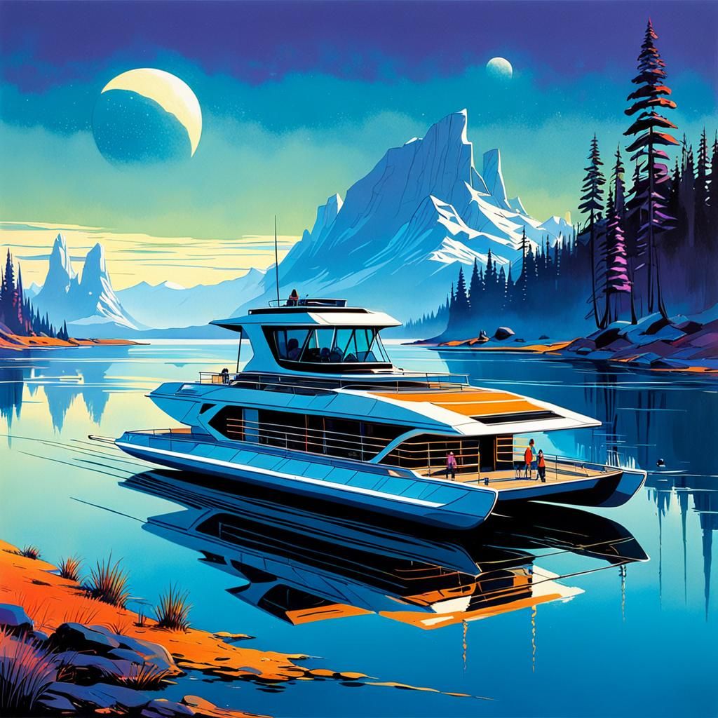 Futuristic Pontoon Boat on Lake in Syd Mead Style