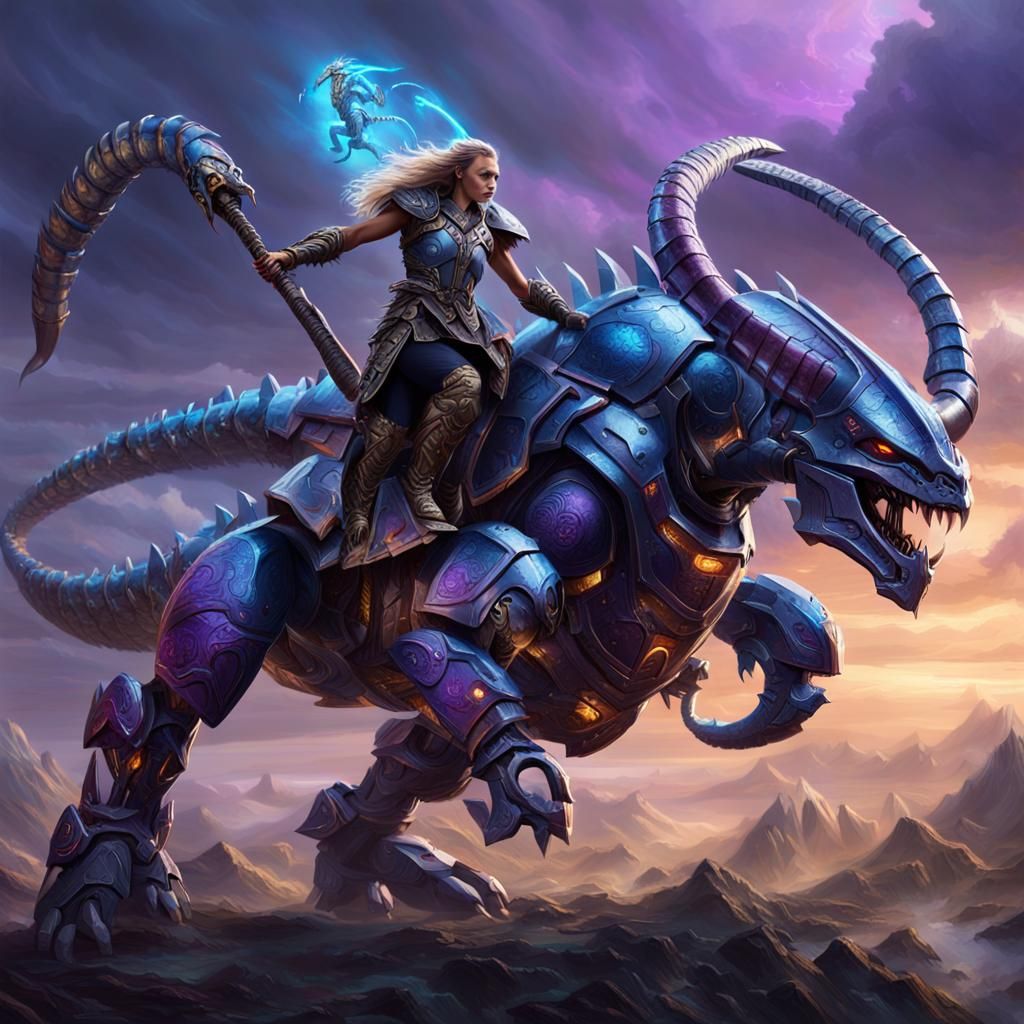Viking Rides Mech Scorpion in Fantasy Battle