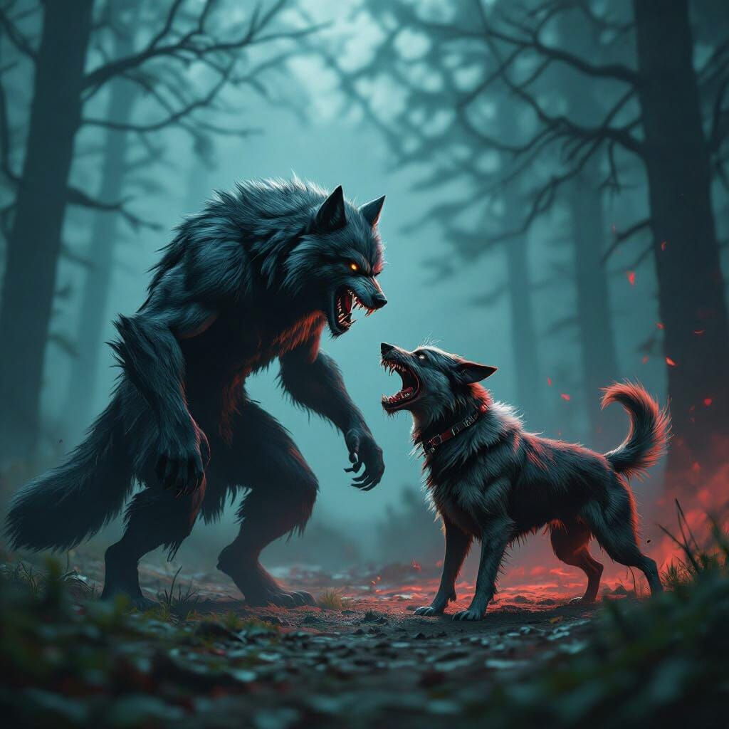 Werewolf Battles Rabid Dog in Misty Forest